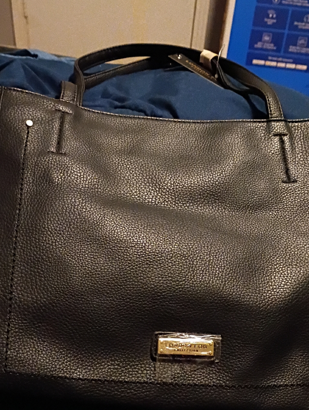 London Fog Black Pebble-Textured Tote with Metal Logo Plaque